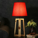 Red Fabric Shade Wooden Table Lamp